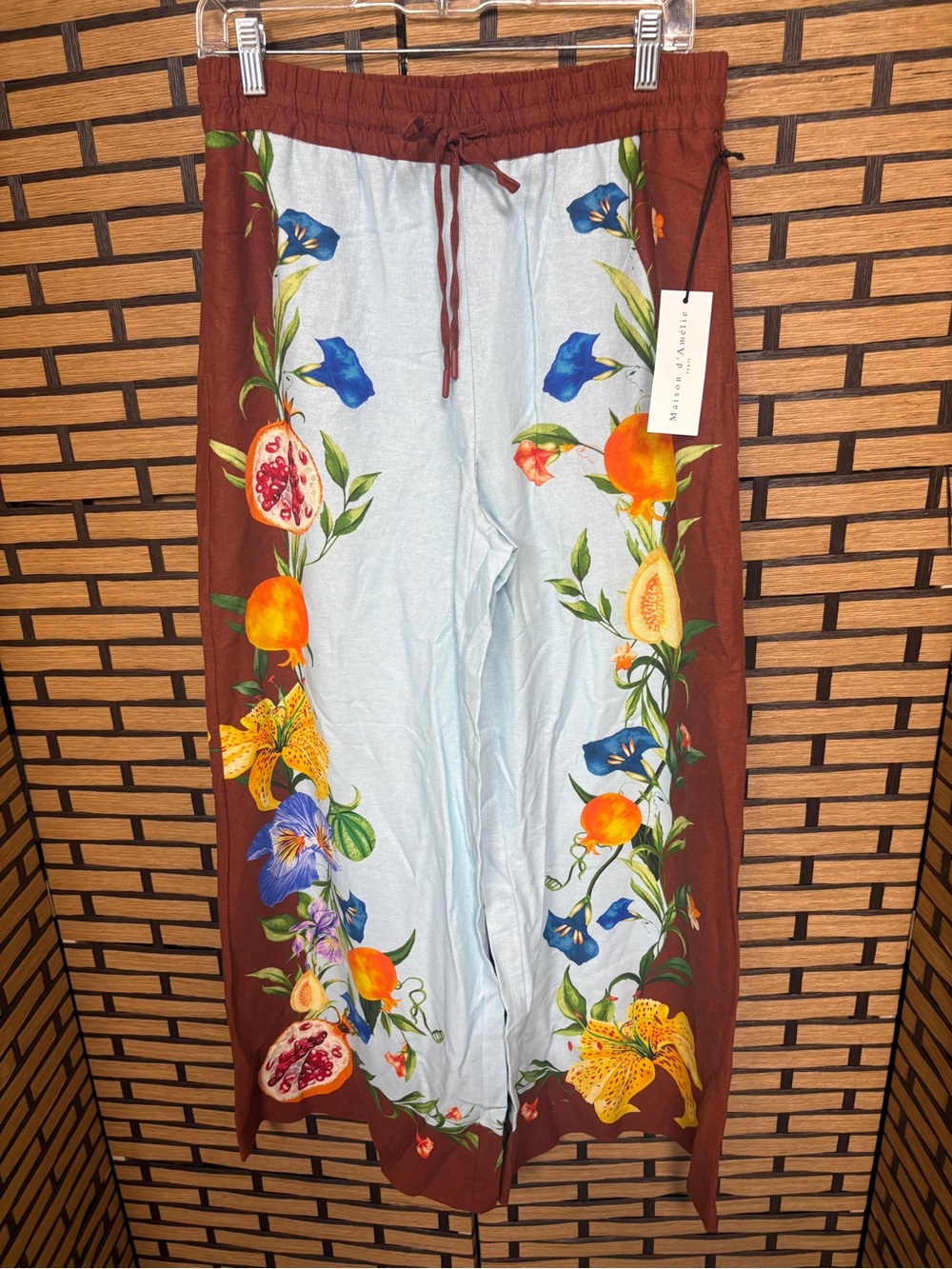 Maison D’Amelie Blue And Brown Floral Fruit Wide Leg Linen pants Size small